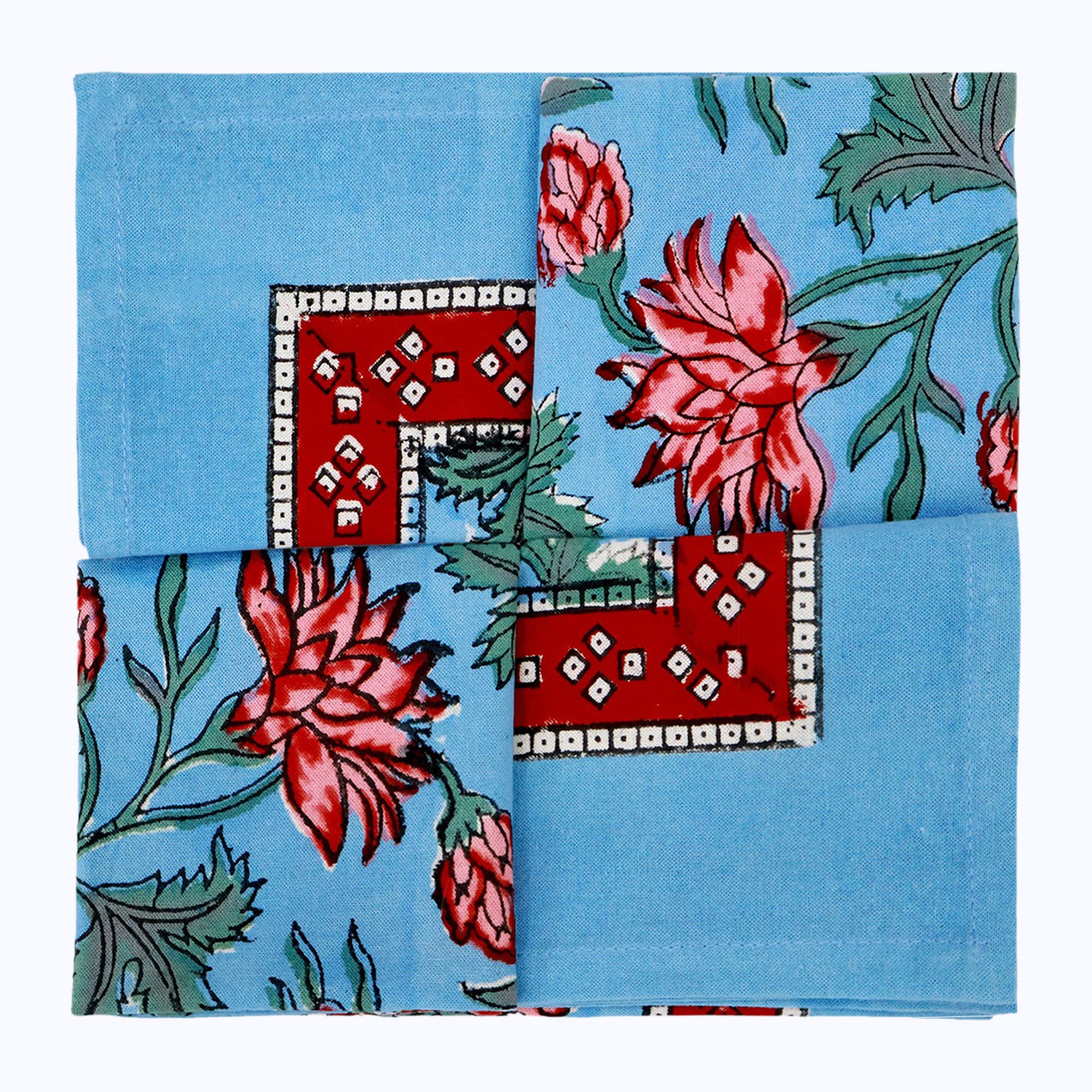 Blue and Pink Hand Block Printed Cotton Set Of 4 Napkins - My Store