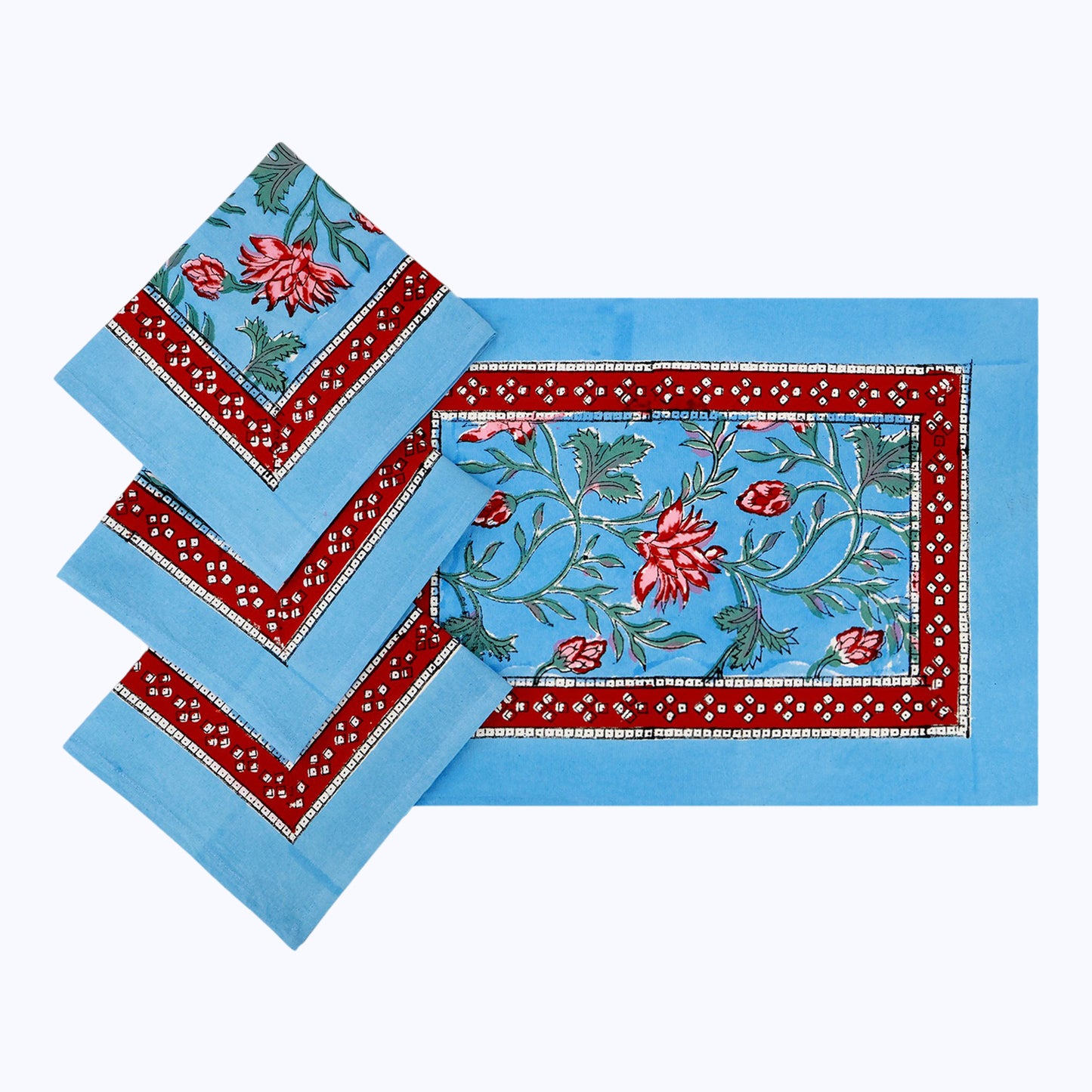 Blue and Pink Hand Block Printed Cotton Set Of 4 Napkins - My Store