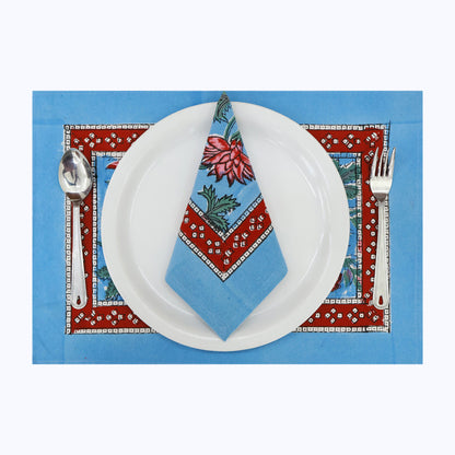 Blue and Pink Hand Block Printed Cotton Set Of 4 Napkins - My Store