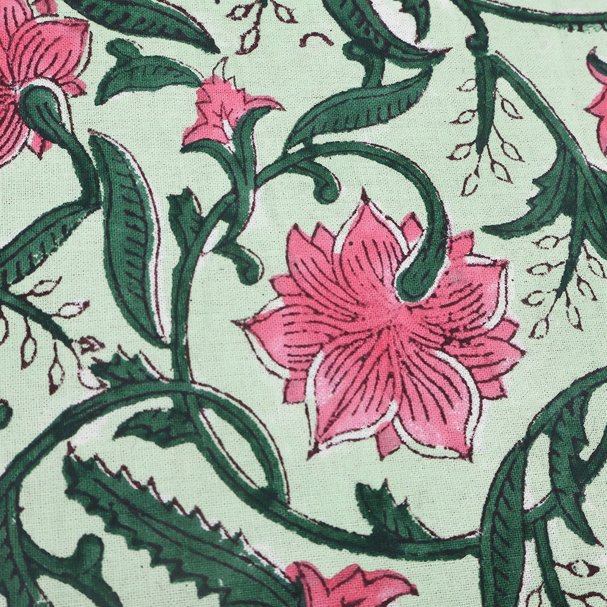 Rose Pink and Green Floral Design Block Printed Cotton Table Cover - My Store