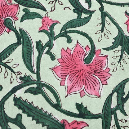 Rose Pink and Green Floral Design Block Printed Cotton Table Cover - My Store