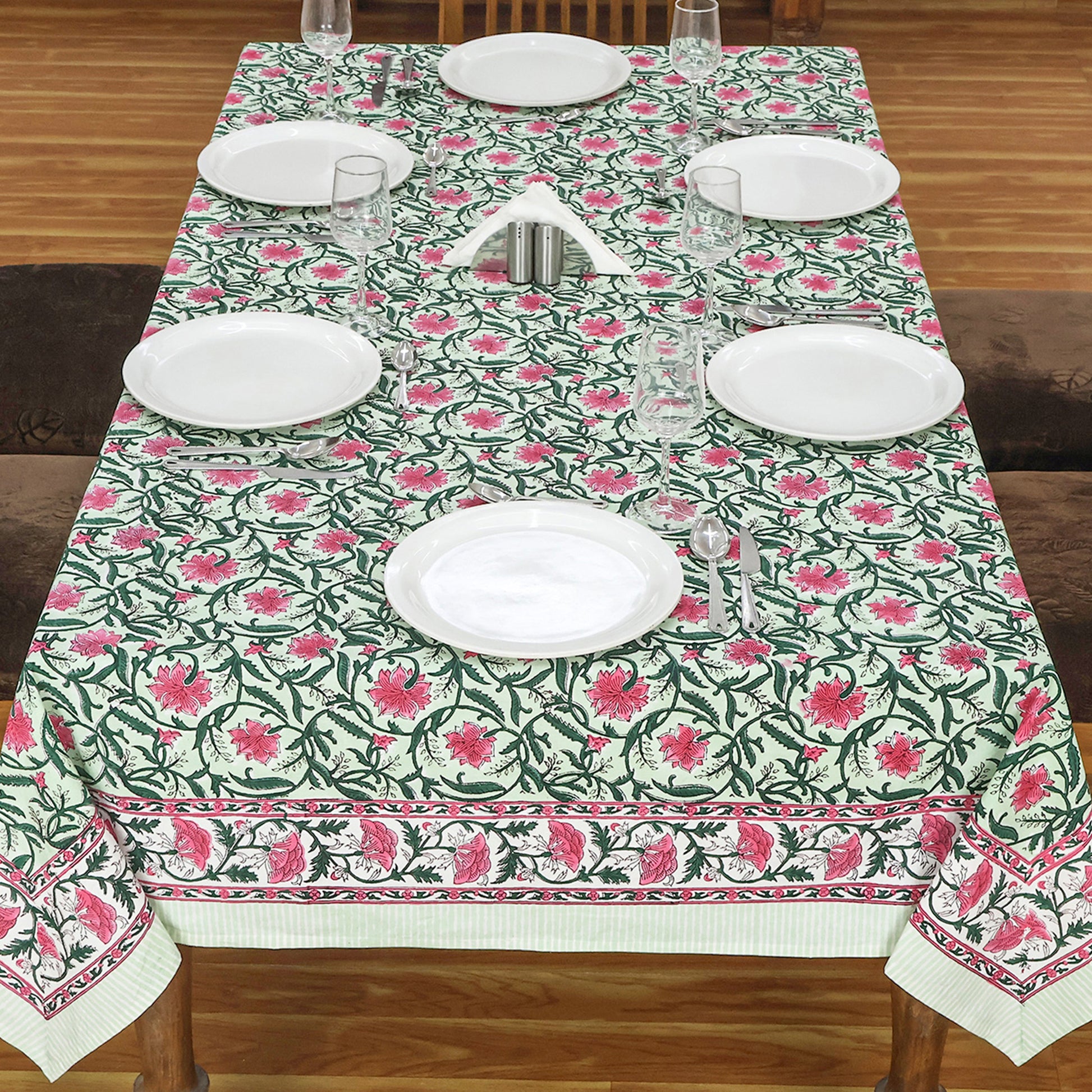 Rose Pink and Green Floral Design Block Printed Cotton Table Cover - My Store