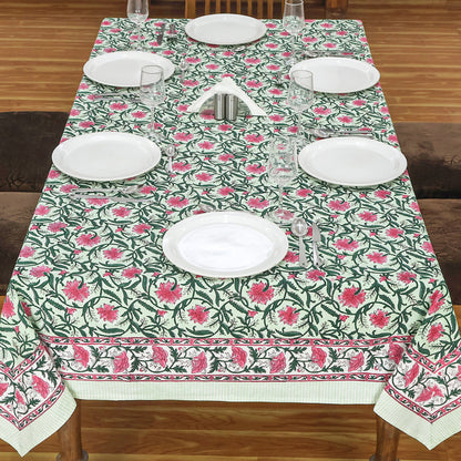 Rose Pink and Green Floral Design Block Printed Cotton Table Cover - My Store