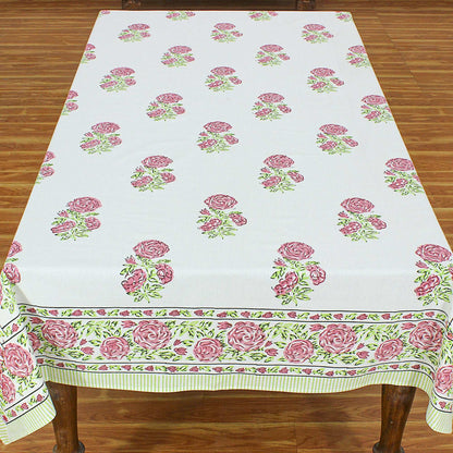 Rectangle Green With White Cotton Block Printed Table Cloth - My Store