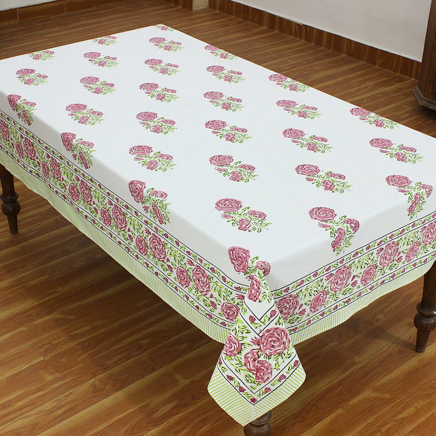 Rectangle Green With White Cotton Block Printed Table Cloth - My Store