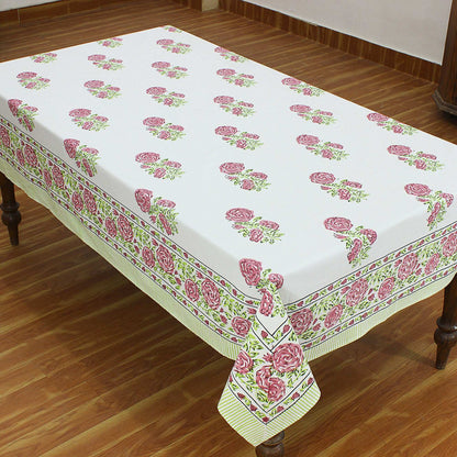 Rectangle Green With White Cotton Block Printed Table Cloth - My Store
