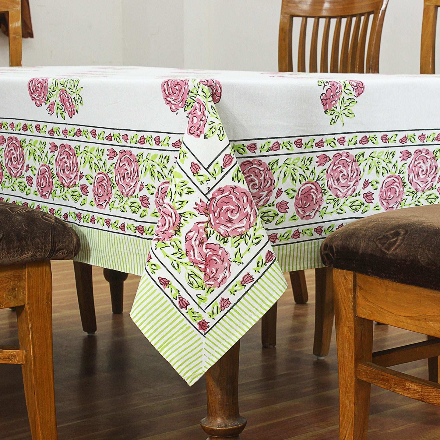 Rectangle Green With White Cotton Block Printed Table Cloth - My Store