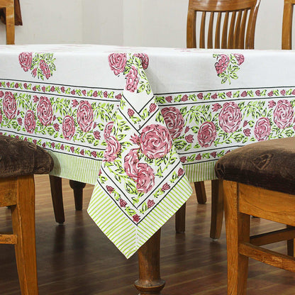 Rectangle Green With White Cotton Block Printed Table Cloth - My Store