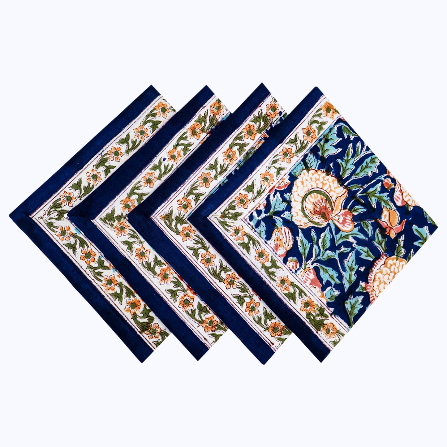 Orange and Blue Hand Block Printed Cotton 4 Pieces Napkins Set - My Store