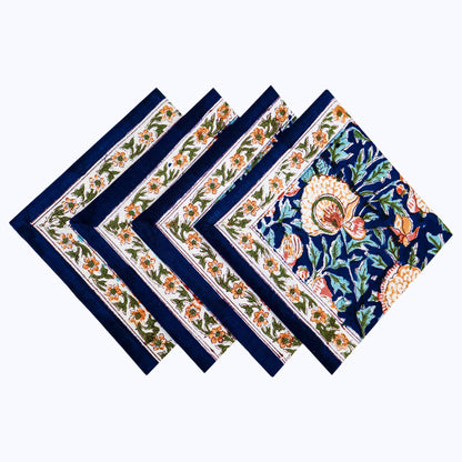 Orange and Blue Hand Block Printed Cotton 4 Pieces Napkins Set - My Store