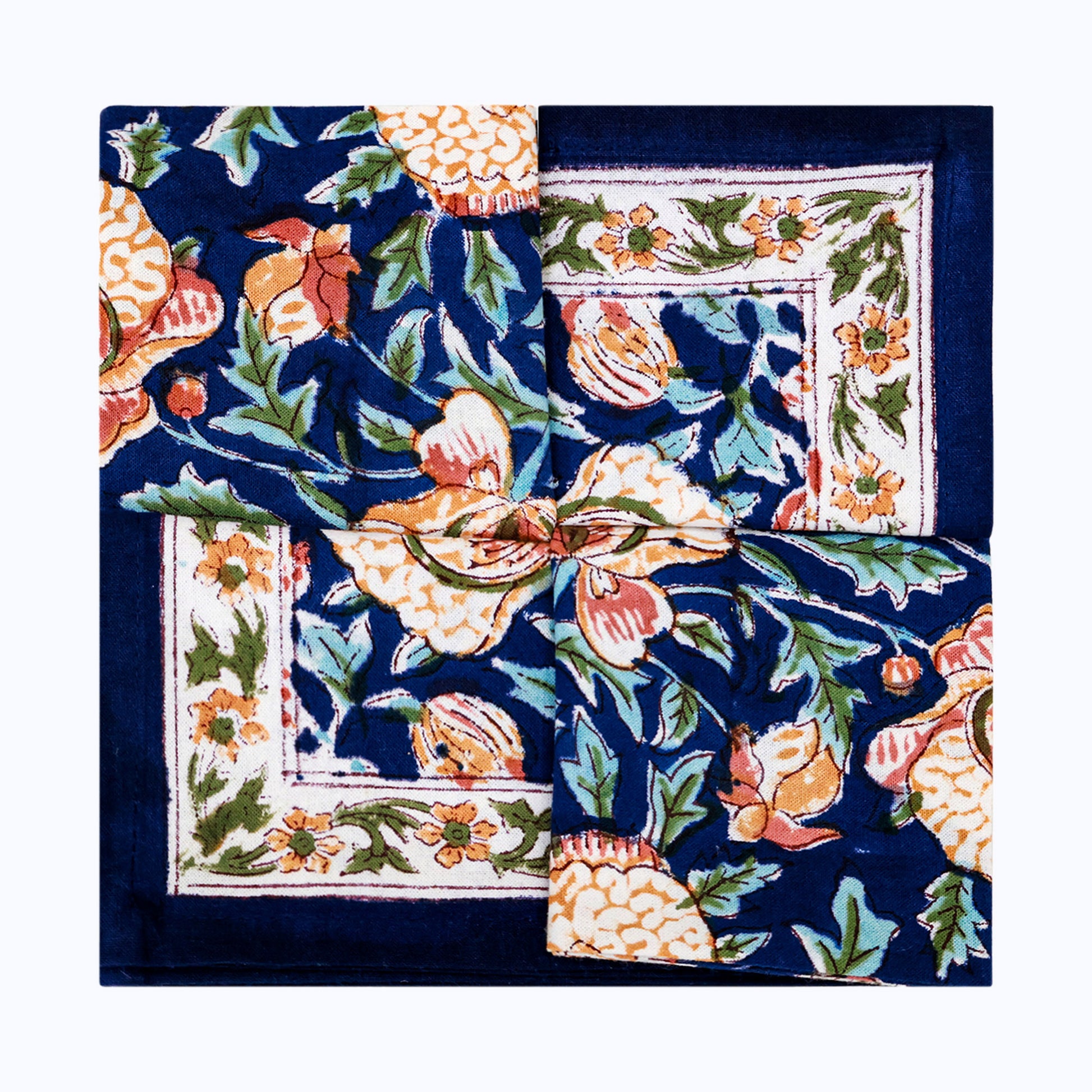 Orange and Blue Hand Block Printed Cotton 4 Pieces Napkins Set - My Store