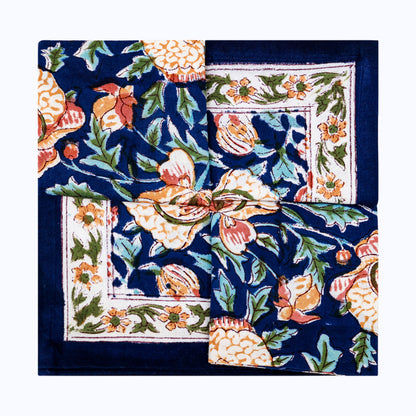 Orange and Blue Hand Block Printed Cotton 4 Pieces Napkins Set - My Store