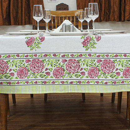 Rectangle Green With White Cotton Block Printed Table Cloth - My Store