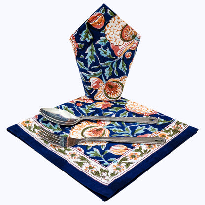 Orange and Blue Hand Block Printed Cotton 4 Pieces Napkins Set - My Store