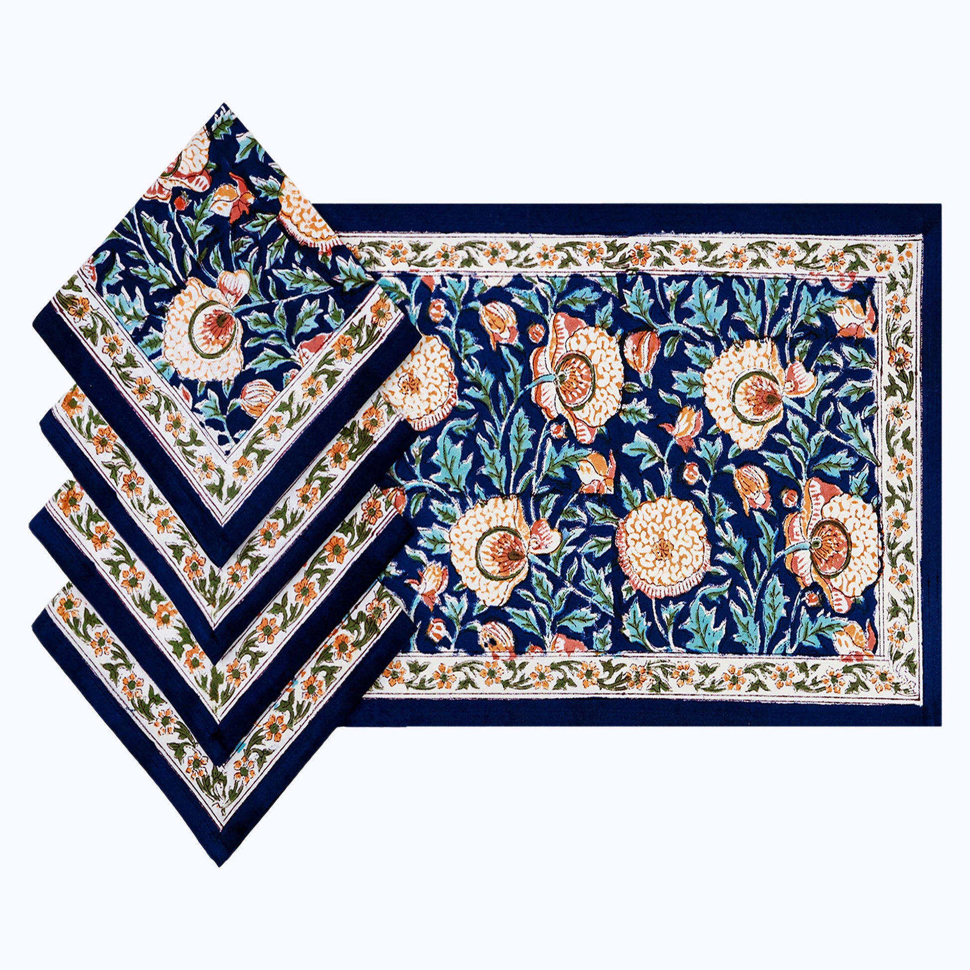 Orange and Blue Hand Block Printed Cotton 4 Pieces Napkins Set - My Store