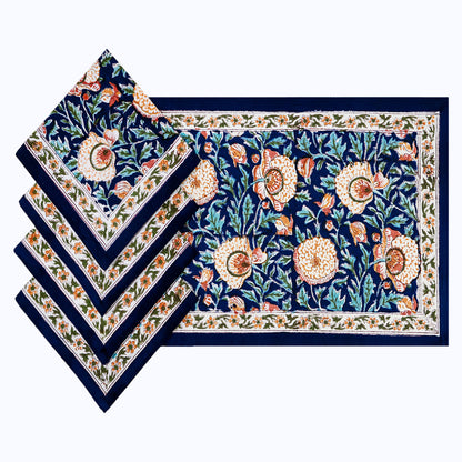 Orange and Blue Hand Block Printed Cotton 4 Pieces Napkins Set - My Store