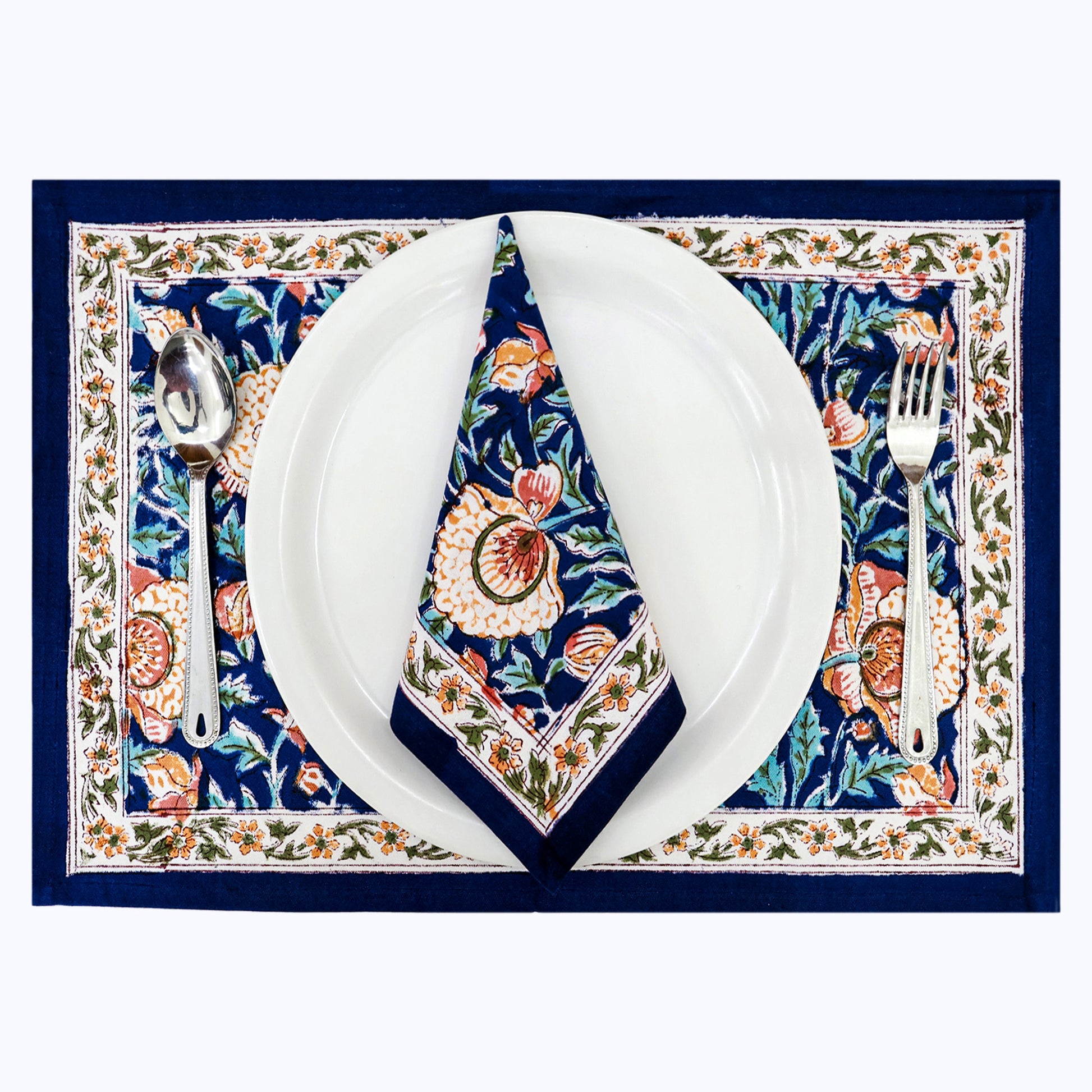 Orange and Blue Hand Block Printed Cotton 4 Pieces Napkins Set - My Store