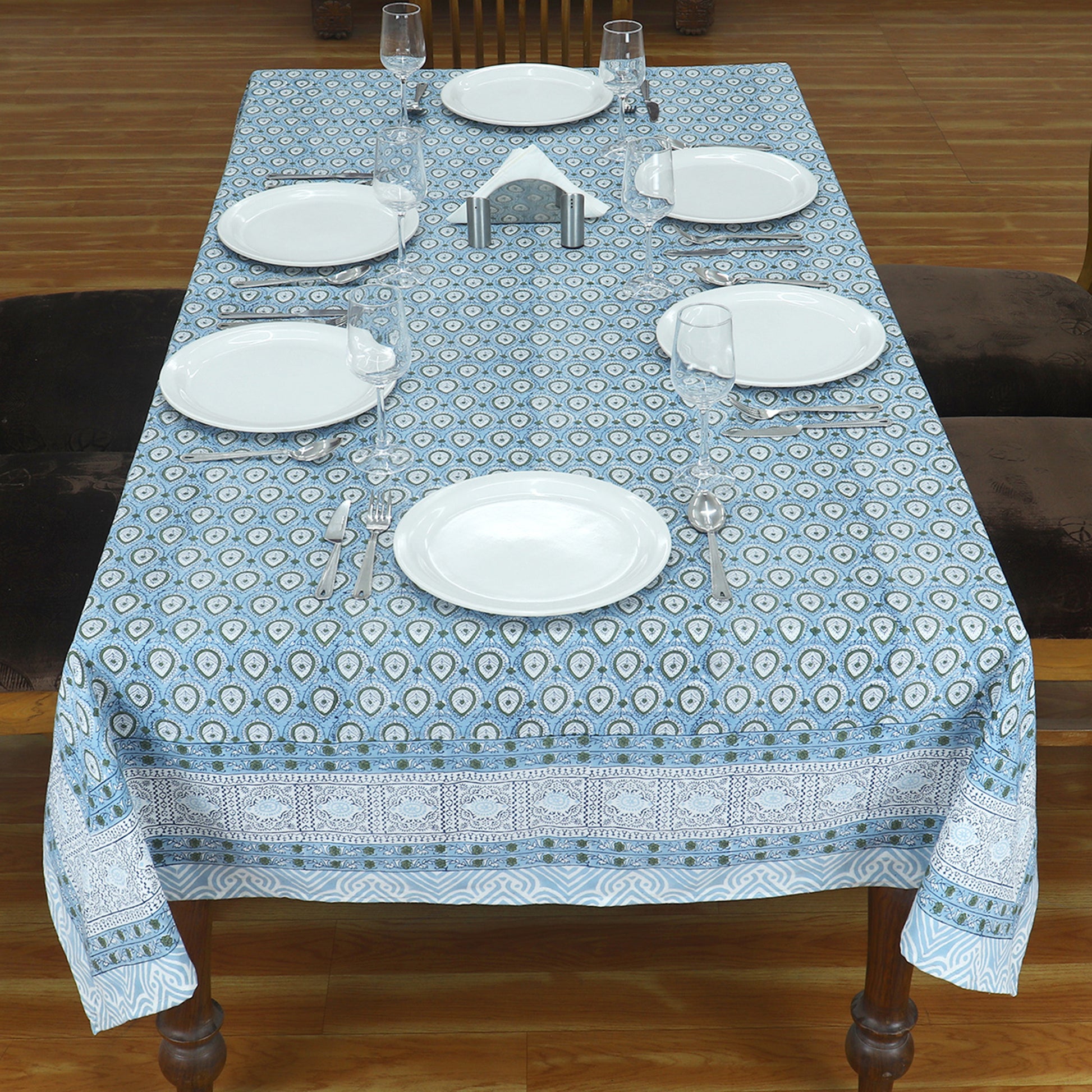 Blue and Green Floral Block Printed Table Cover & Gift for New Home Decoration - My Store