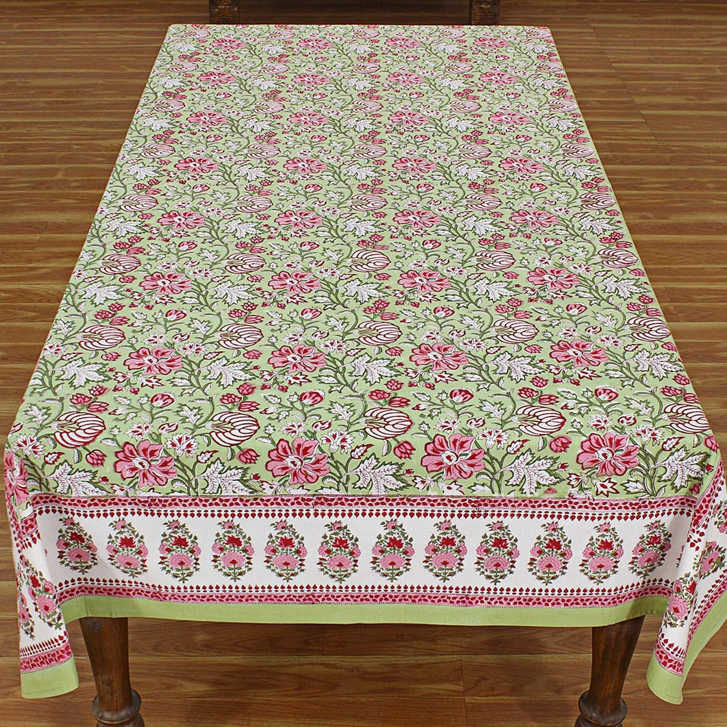 Cotton Green & Red Dining Tablecloth - Block Printed Table Linen - My Store
