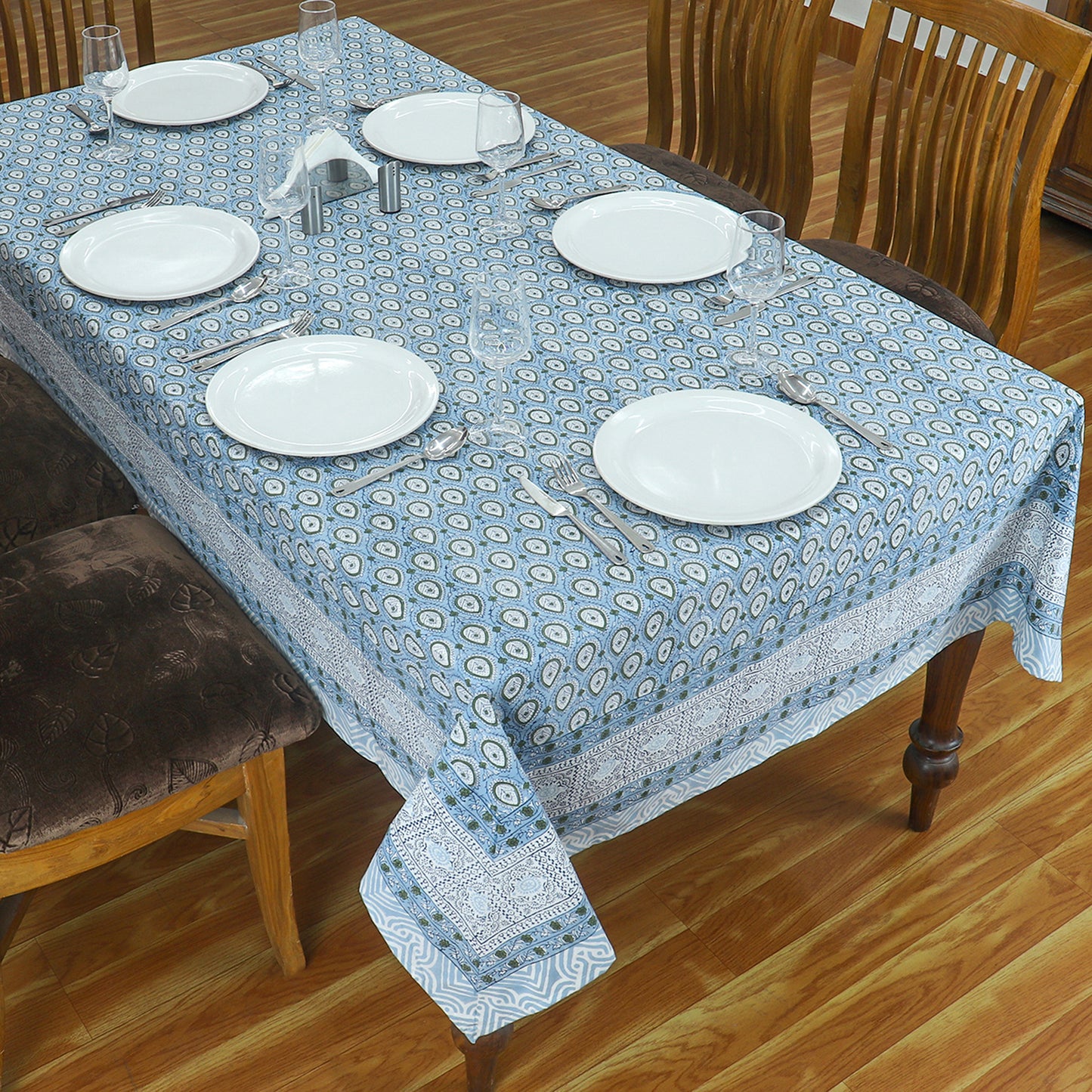 Blue and Green Floral Block Printed Table Cover & Gift for New Home Decoration - My Store