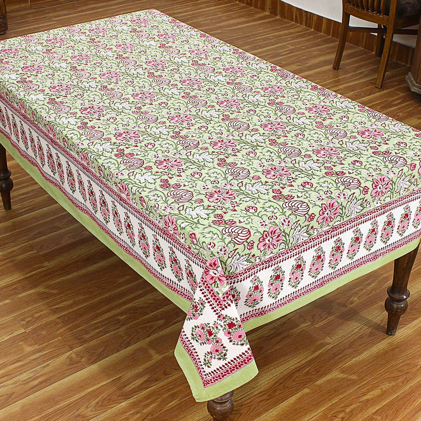 Cotton Green & Red Dining Tablecloth - Block Printed Table Linen - My Store