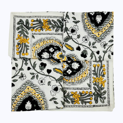 Yellow and Black Hand Block Printed Cotton Set Of 4 Napkins - My Store