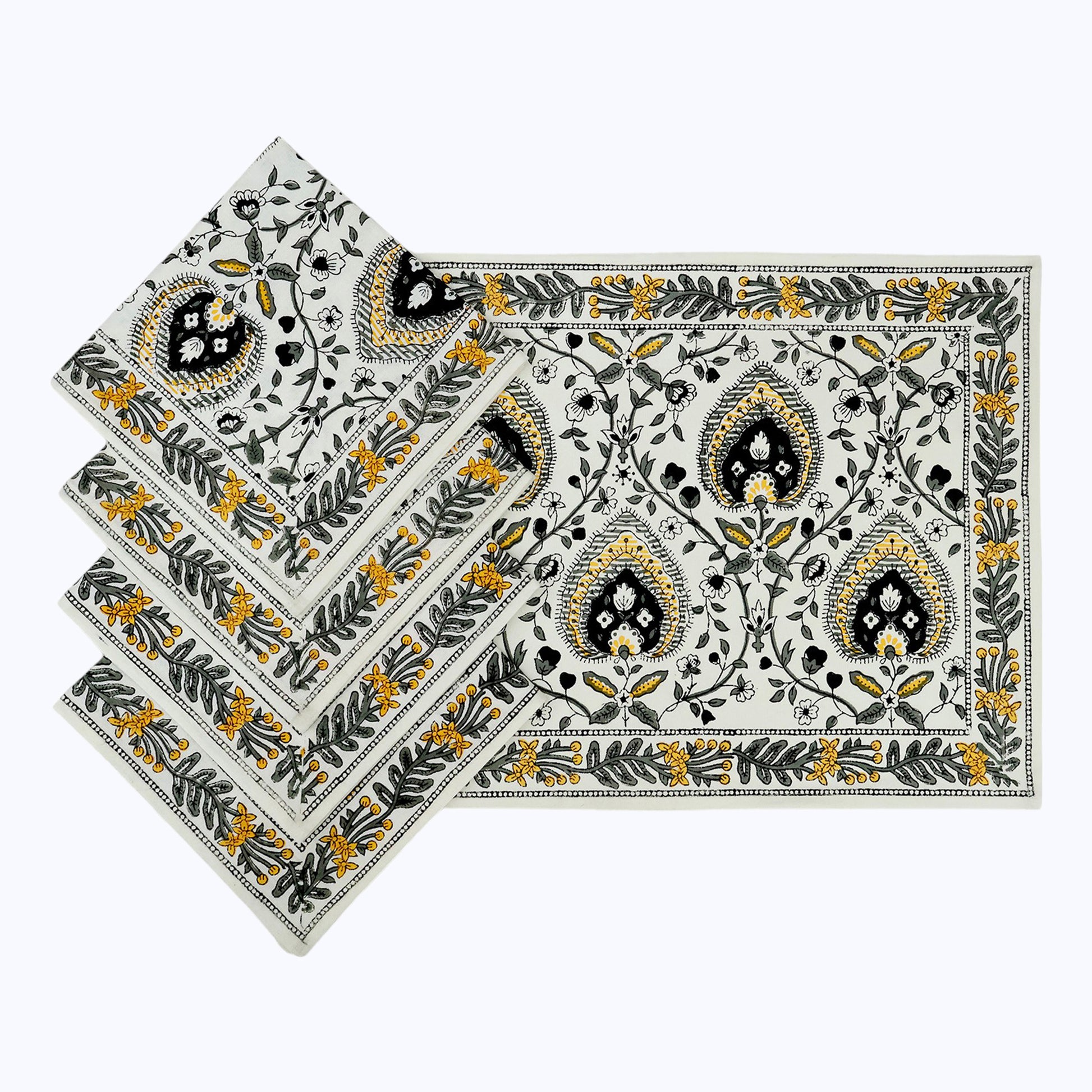 Yellow and Black Hand Block Printed Cotton Set Of 4 Napkins - My Store