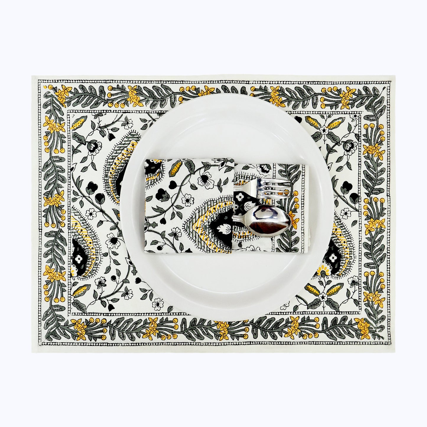 Yellow and Black Hand Block Printed Cotton Set Of 4 Napkins - My Store