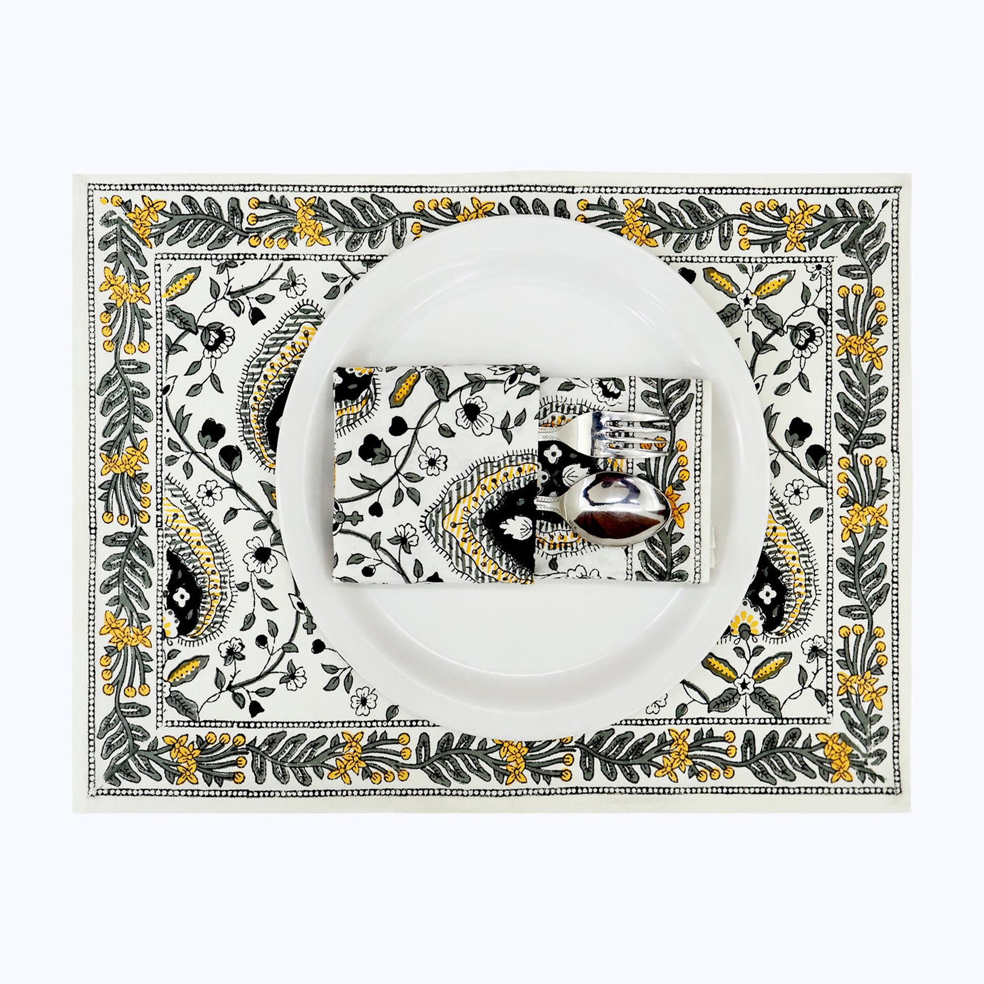 Yellow and Black Hand Block Printed Cotton Set Of 4 Napkins - My Store