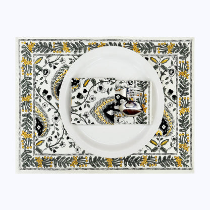 Yellow and Black Hand Block Printed Cotton Set Of 4 Napkins - My Store