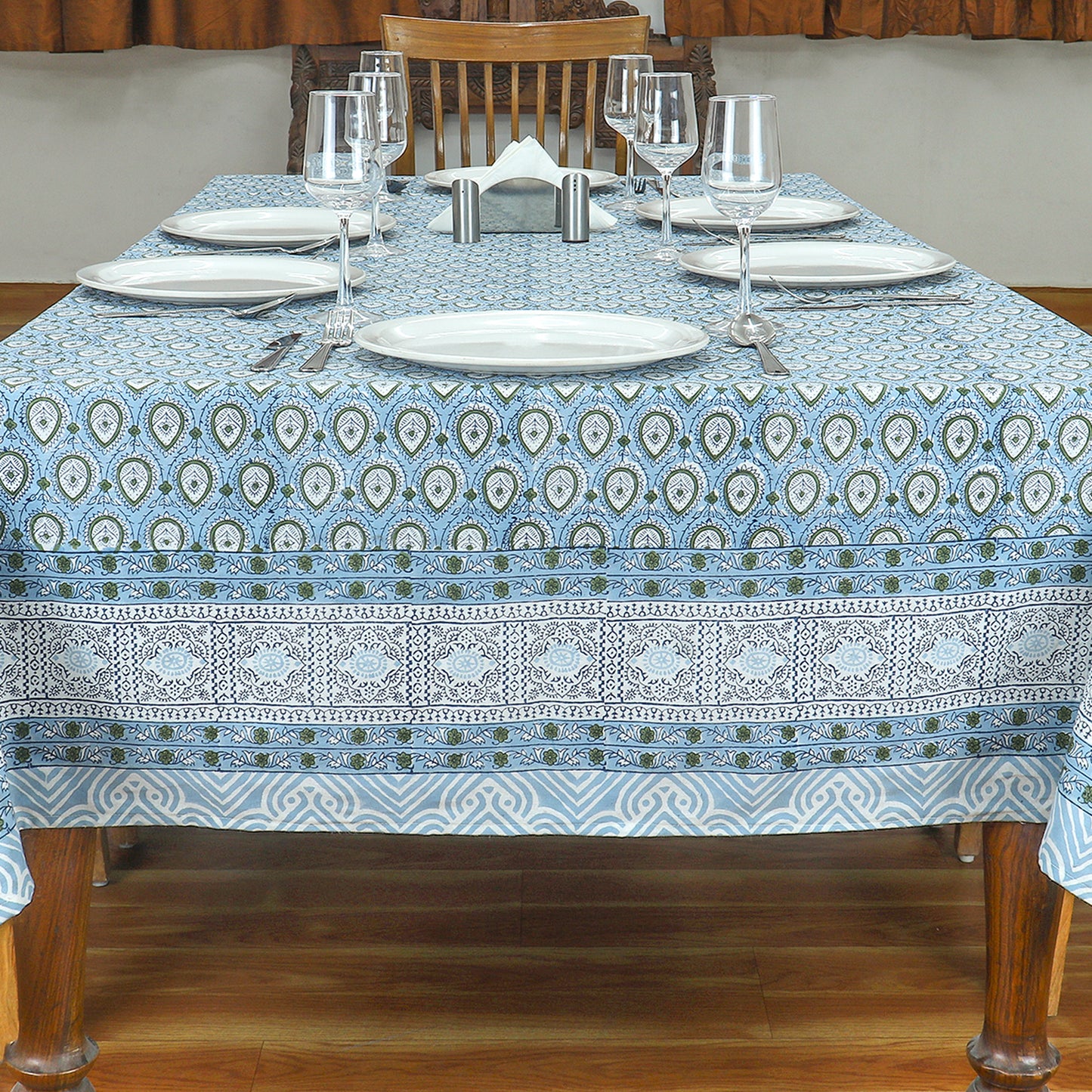 Blue and Green Floral Block Printed Table Cover & Gift for New Home Decoration - My Store