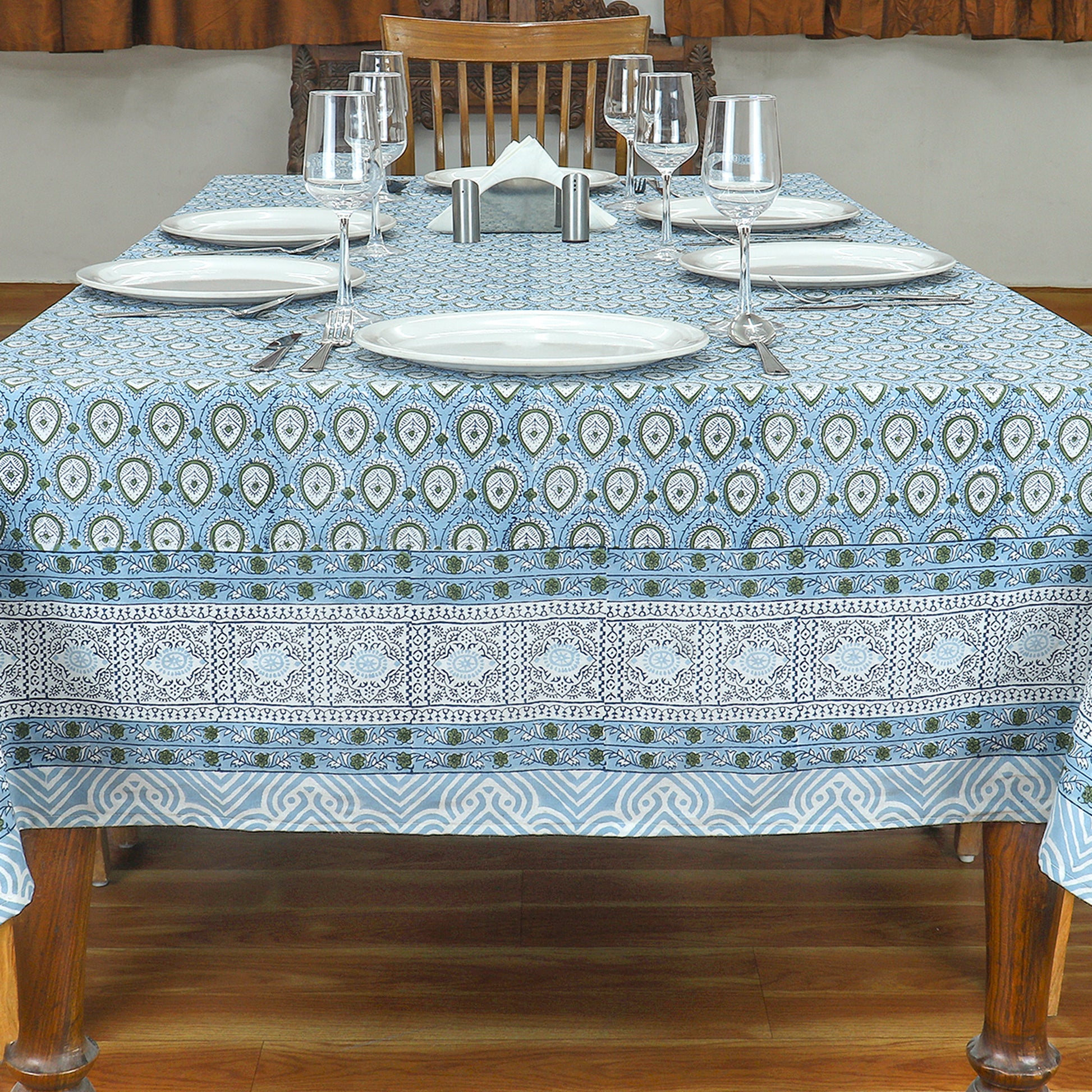 Blue and Green Floral Block Printed Table Cover & Gift for New Home Decoration - My Store