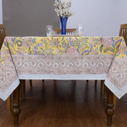 Indian Handmade Block Printed Cotton Yellow and Pink Rectangle Tablecloth - My Store