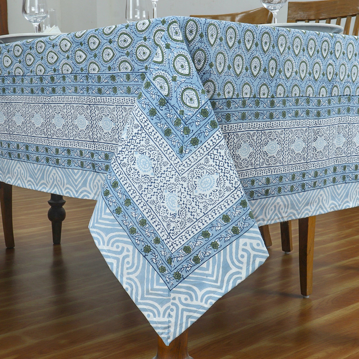 Blue and Green Floral Block Printed Table Cover & Gift for New Home Decoration - My Store