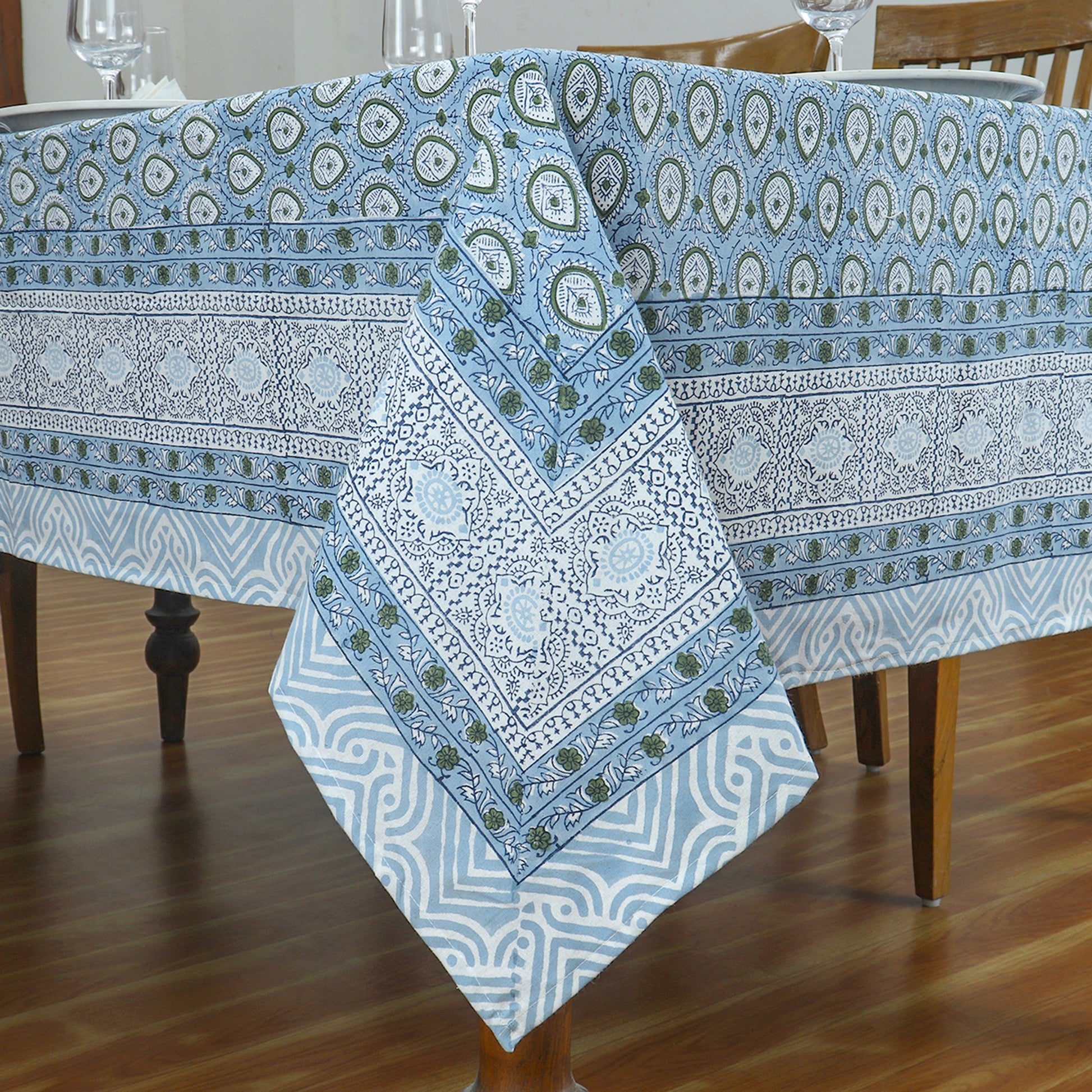 Blue and Green Floral Block Printed Table Cover & Gift for New Home Decoration - My Store
