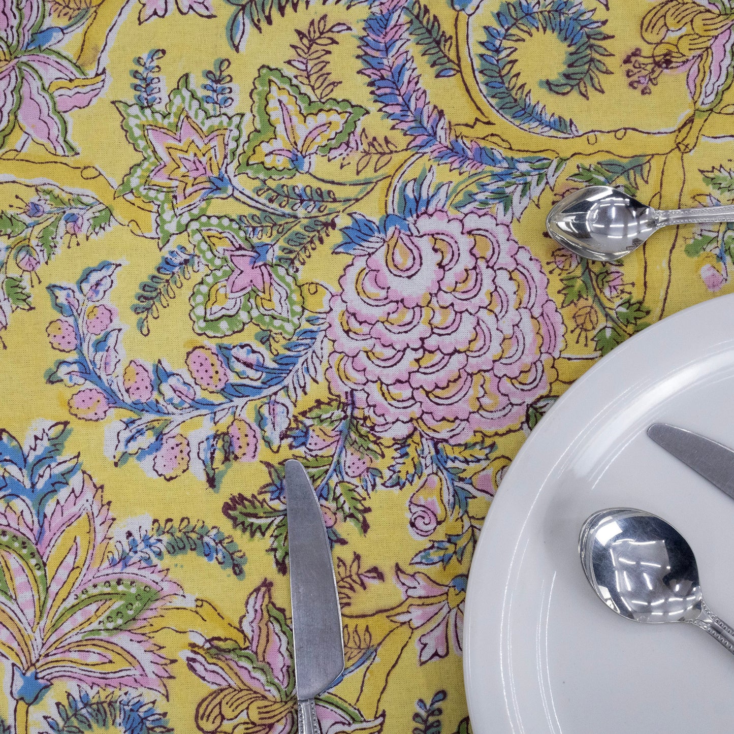 Indian Handmade Block Printed Cotton Yellow and Pink Rectangle Tablecloth - My Store