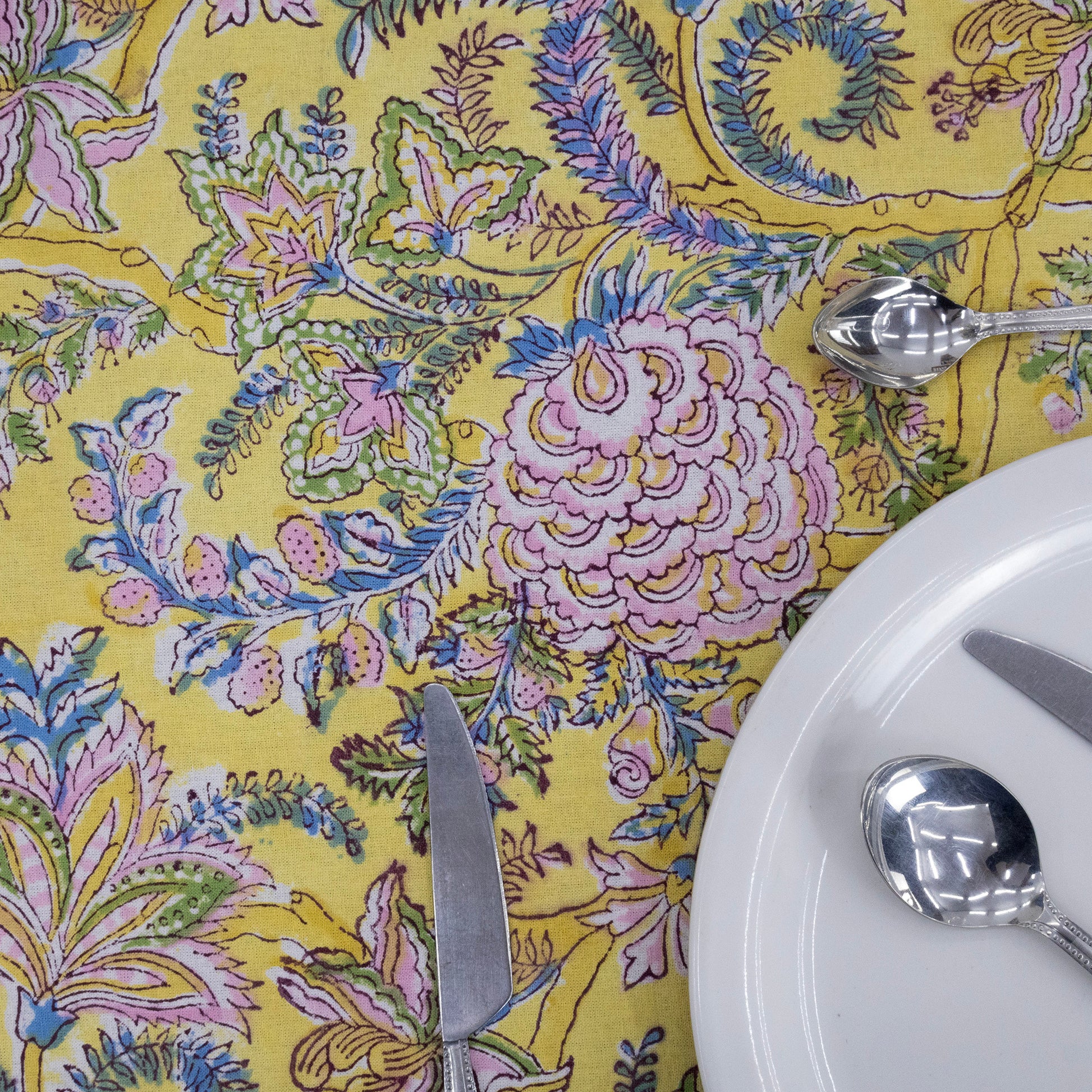 Indian Handmade Block Printed Cotton Yellow and Pink Rectangle Tablecloth - My Store