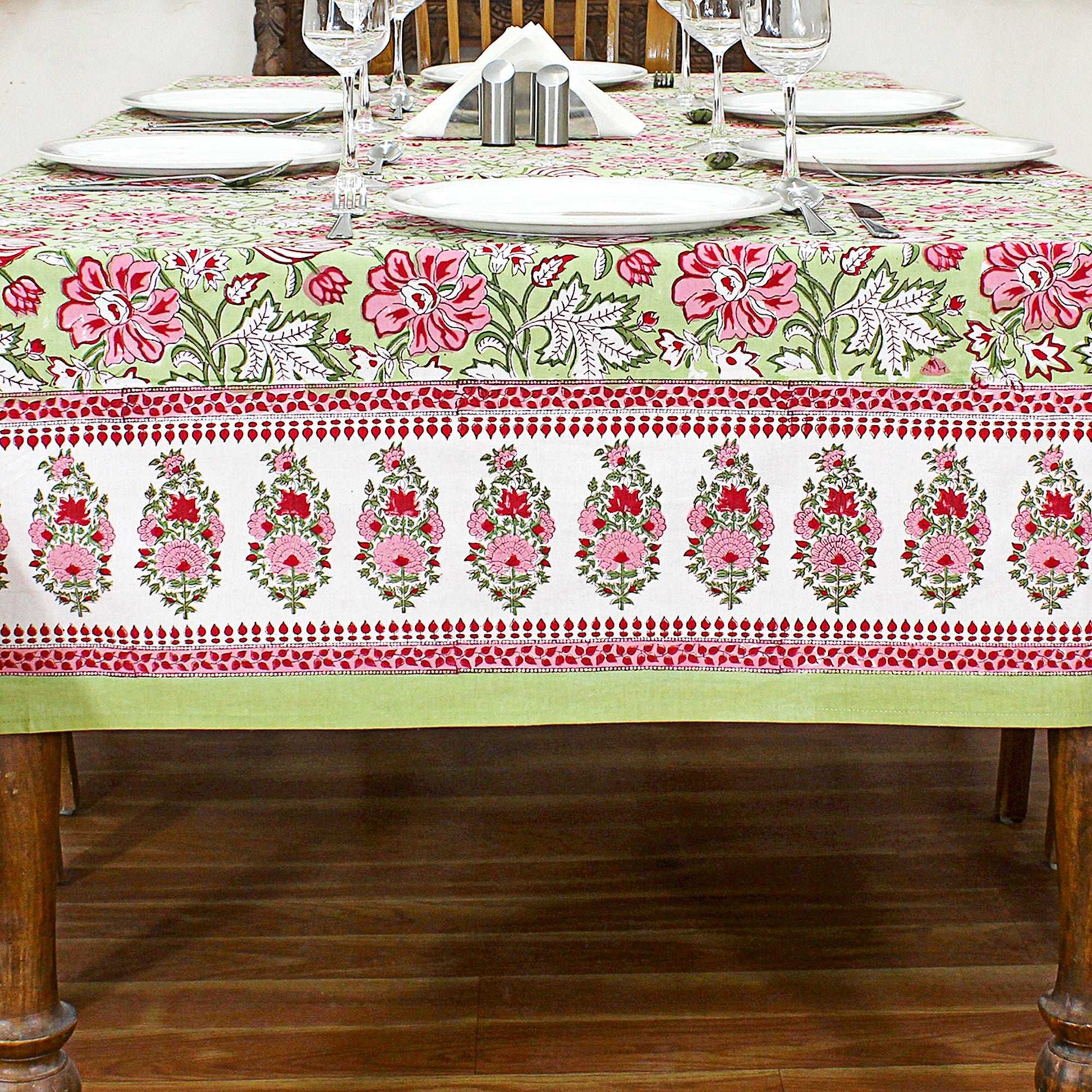 Cotton Green & Red Dining Tablecloth - Block Printed Table Linen - My Store