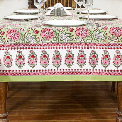 Cotton Green & Red Dining Tablecloth - Block Printed Table Linen - My Store