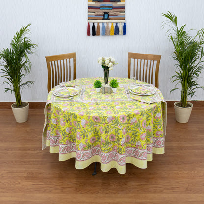 Yellow and Pink Handmade Block Printed Cotton Tablecloth - My Store