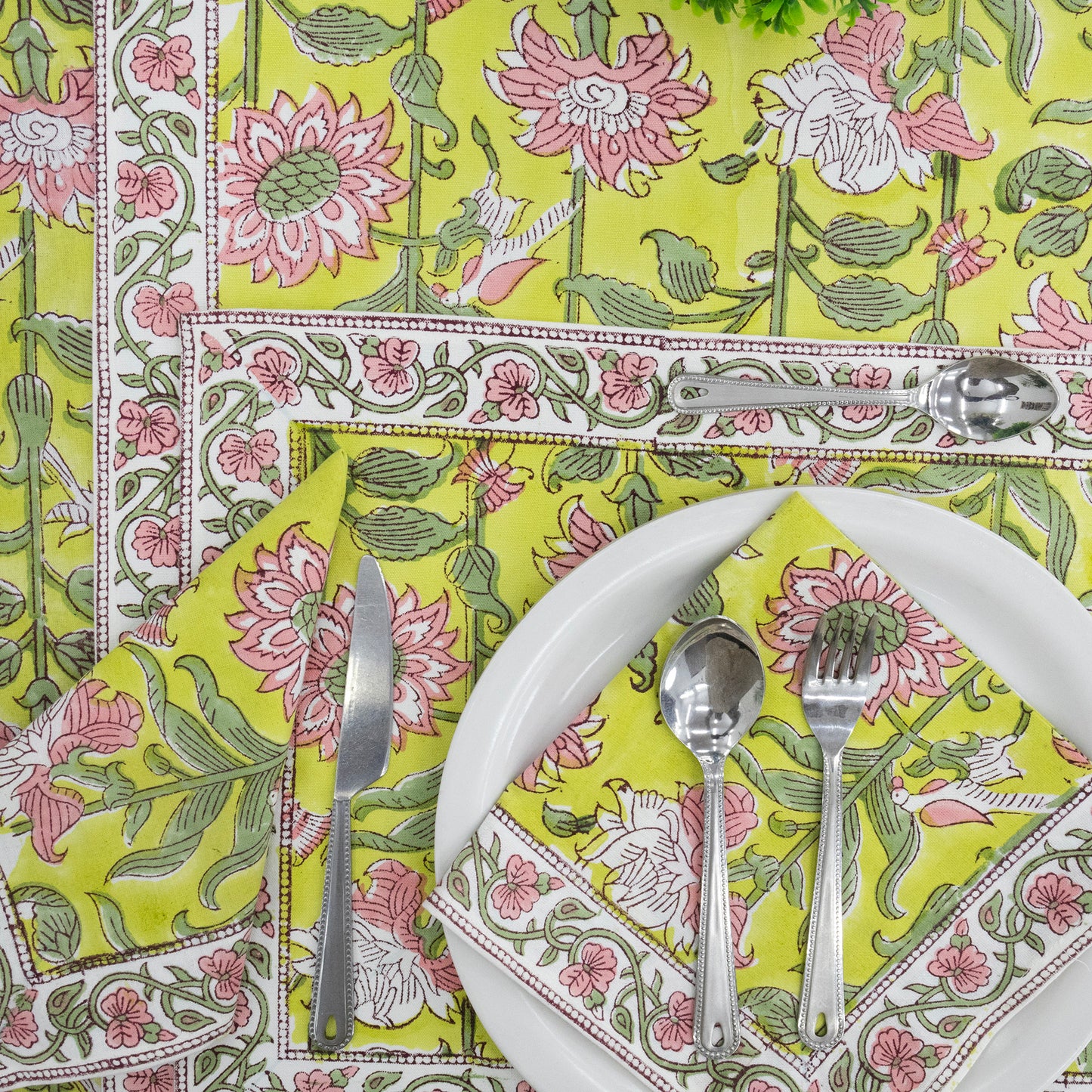 Yellow and Pink Handmade Block Printed Cotton Tablecloth - My Store