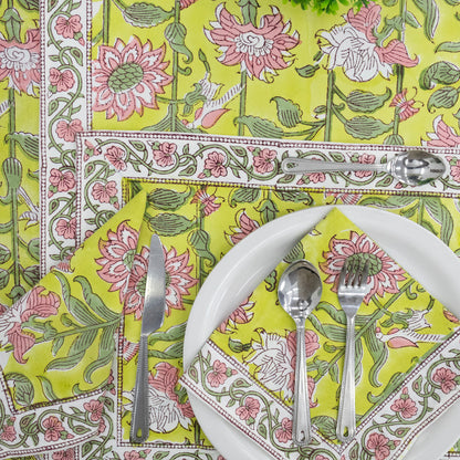 Yellow and Pink Handmade Block Printed Cotton Tablecloth - My Store