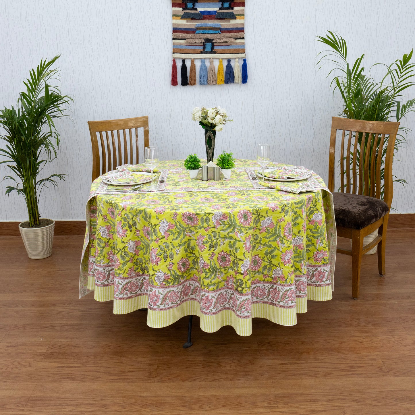 Yellow and Pink Handmade Block Printed Cotton Tablecloth - My Store