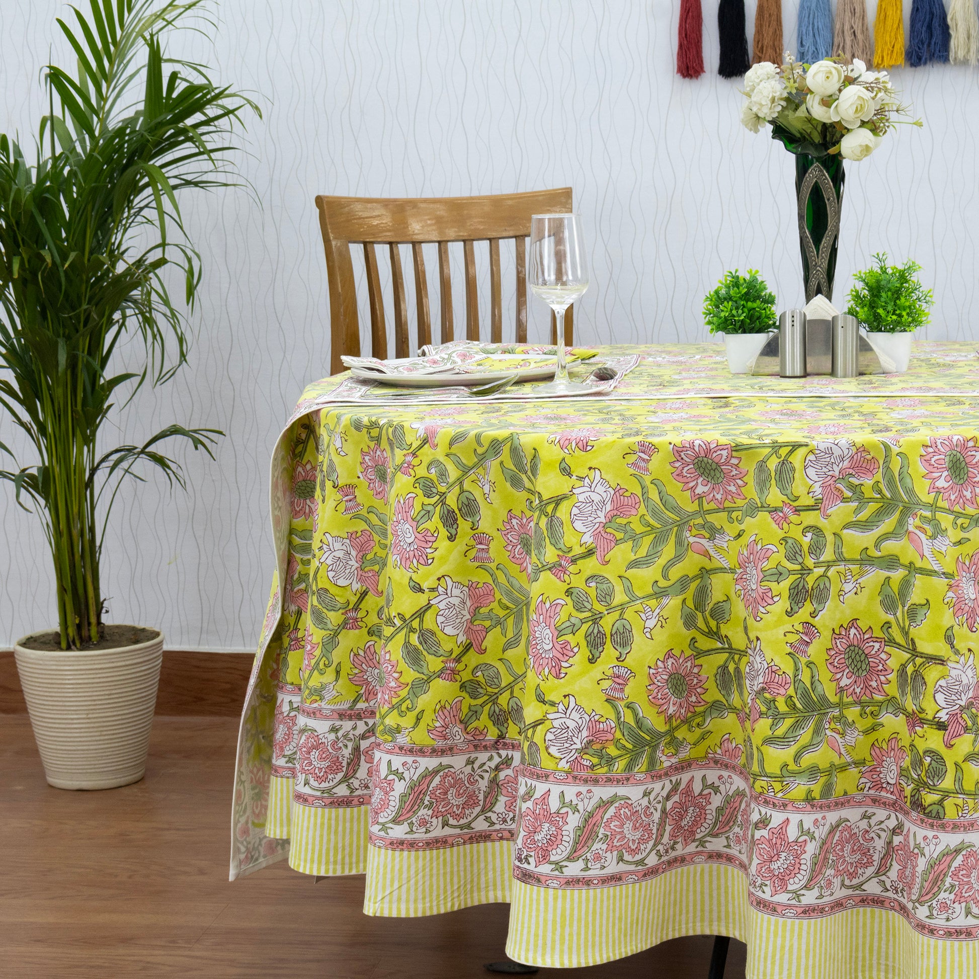 Yellow and Pink Handmade Block Printed Cotton Tablecloth - My Store