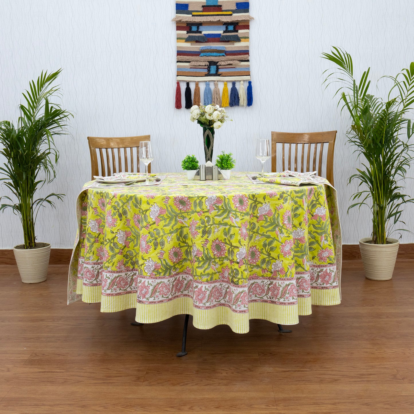 Yellow and Pink Handmade Block Printed Cotton Tablecloth - My Store