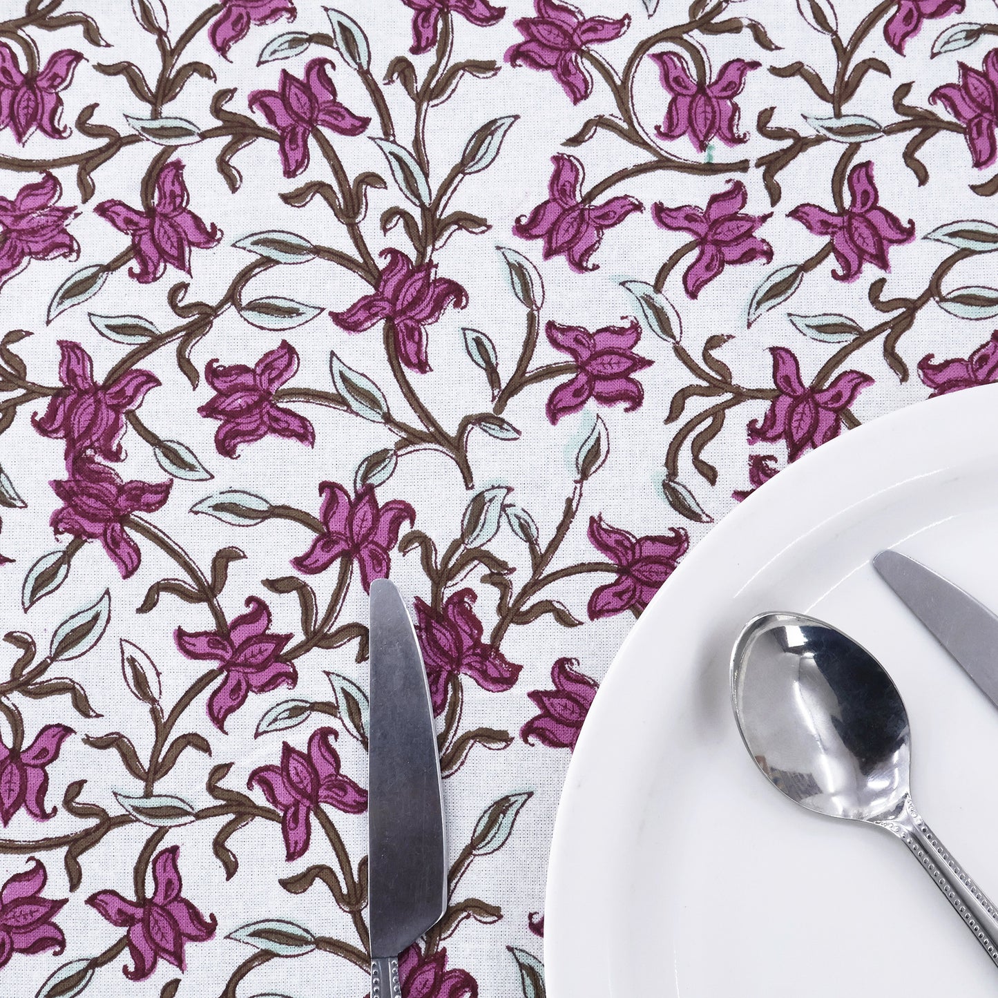 Indian Handmade Block Printed Cotton Purple and White Rectangle Tablecloth - My Store