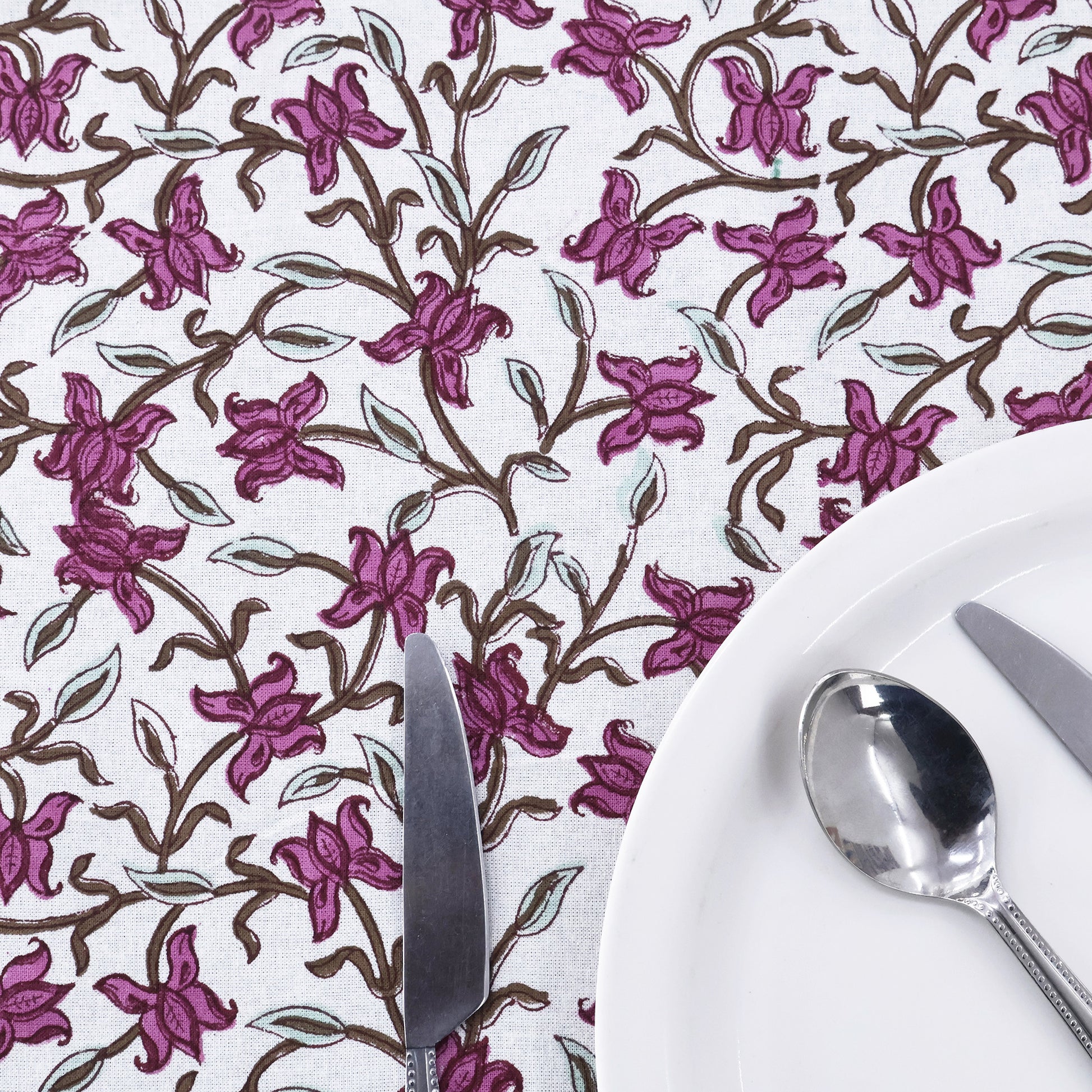 Indian Handmade Block Printed Cotton Purple and White Rectangle Tablecloth - My Store