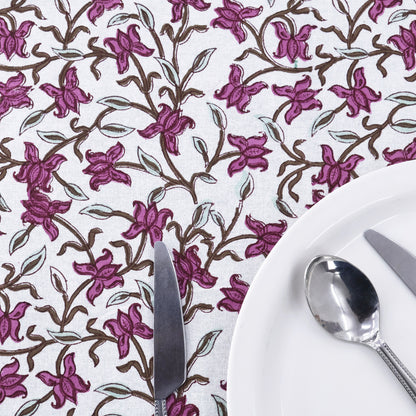 Indian Handmade Block Printed Cotton Purple and White Rectangle Tablecloth - My Store