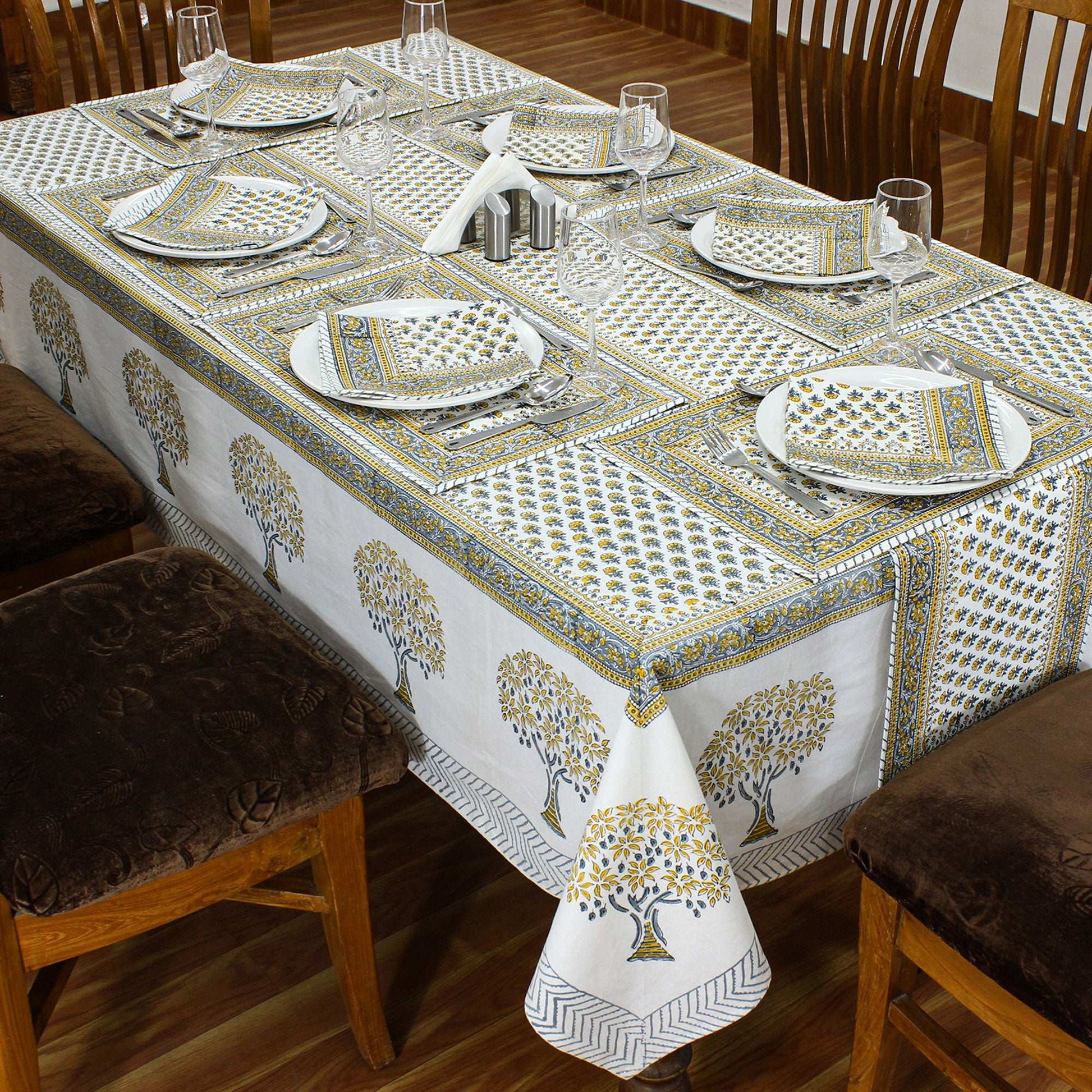 Hand Block Printed Gray and Yellow Tree Printed Cotton Tablecloth - My Store