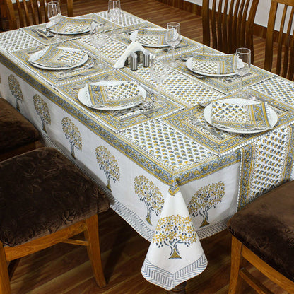 Hand Block Printed Gray and Yellow Tree Printed Cotton Tablecloth - My Store
